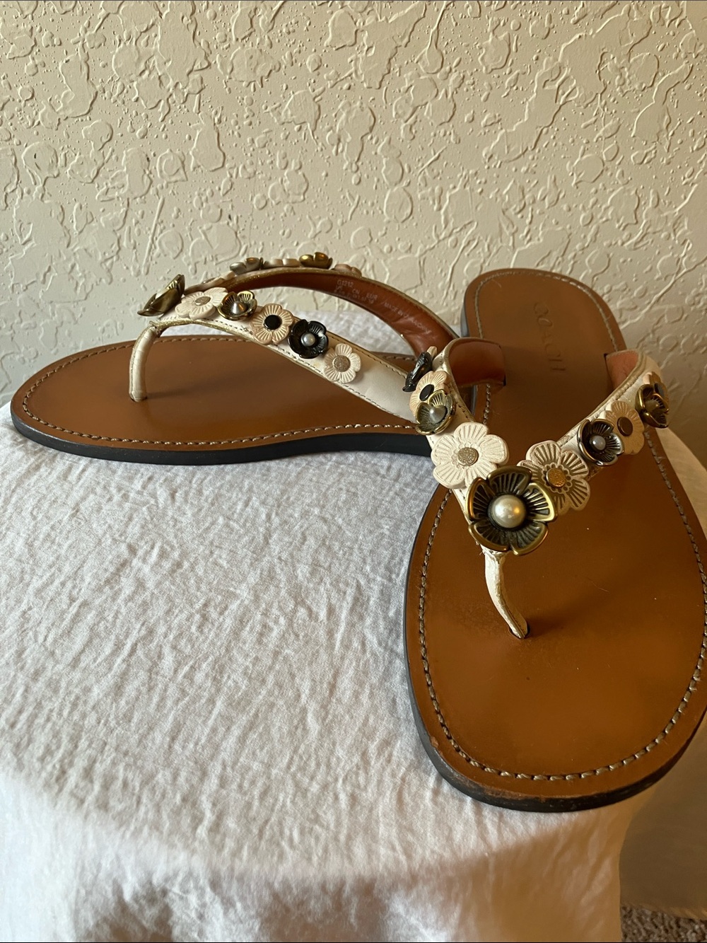 Coach: White Tea Rose (G1212) Flower Leather Thong Sandal- 8.5